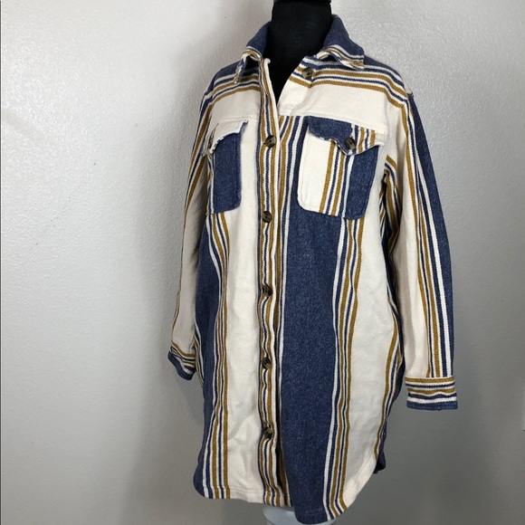 Aerie Striped Shacket Button Up Long Sleeve Flannel Yellow Blue Oversized XS - Picture 7 of 16